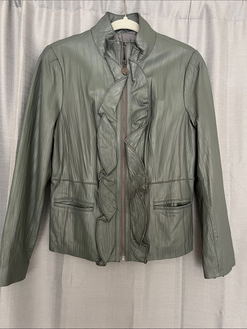 Womens Ruffled Front Zip Jacket - light grey